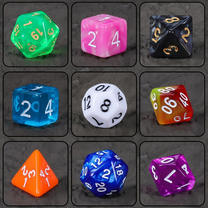 Fifteen-Set Polyhedral Dice Collection with 105 Pieces, Seven Die Shapes and Black Drawstring Storage Bag