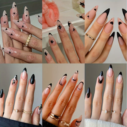 Press On Nails 144-Piece Short Almond Set with Pink Flowers, Rhinestones, Black French Tips and Glue