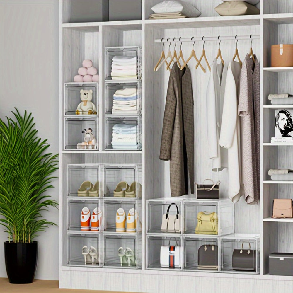 Six-Pack Clear Stackable Shoe Display Boxes with Magnetic Front Doors in Black or White for Closets