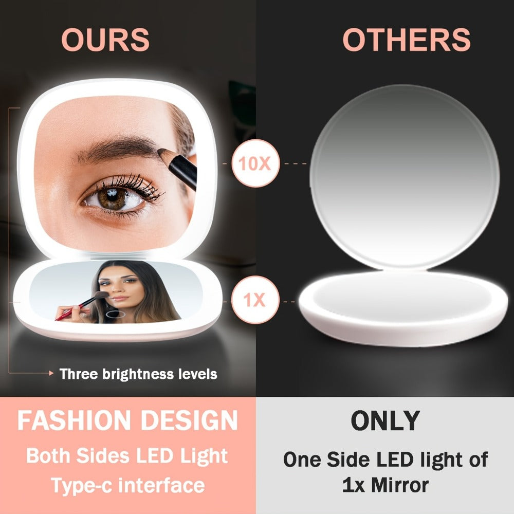Makeup Mirror Foldable Dual-Sided Compact with Three Light Colors, Touch Brightness, USB-C Charging and Pink or White Finish