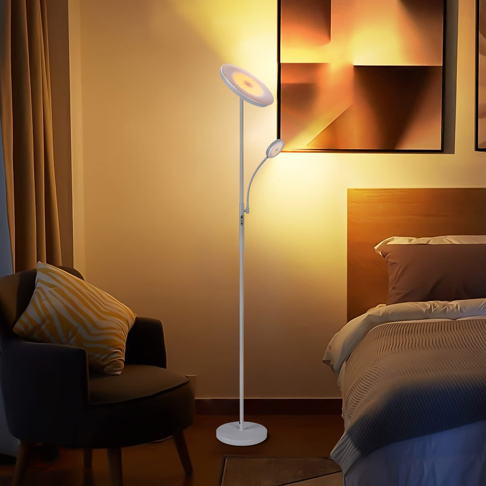 Dual-Head Torchiere Floor Lamp with 27W Main Light, 7W Reading Arm, Four Color Temperature Modes and Remote or Touch Control