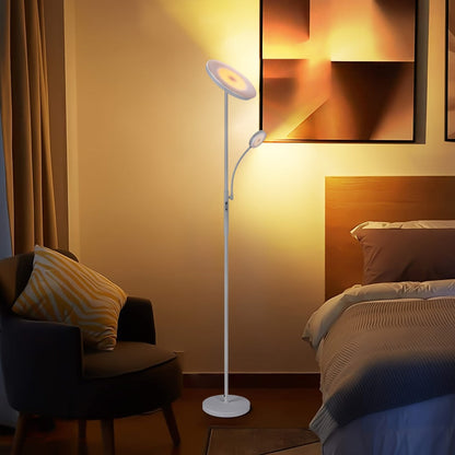 Dual-Head Torchiere Floor Lamp with 27W Main Light, 7W Reading Arm, Four Color Temperature Modes and Remote or Touch Control
