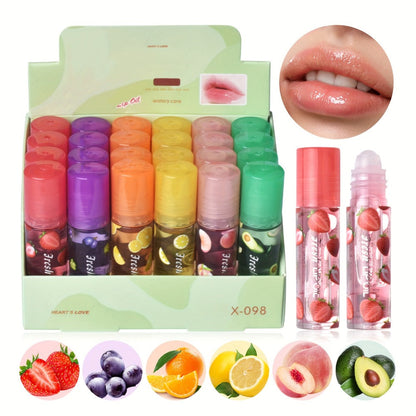 Lip Balm 24-Piece Roller Ball Set with Six Fruit Flavors, Clear Finish and Display Box Packaging