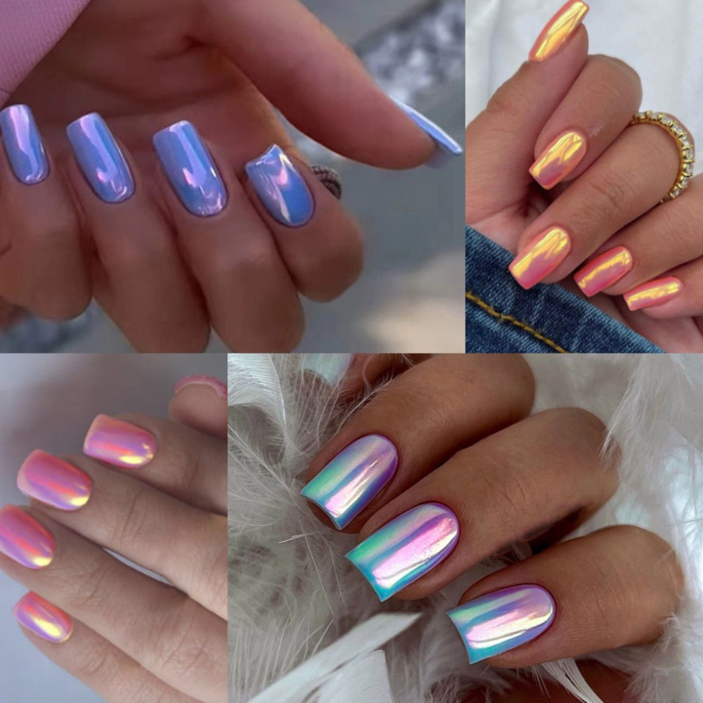 Press On Nails 96-Piece Short Square Set with Pink Chrome Mirror Metallic Full-Cover Finish