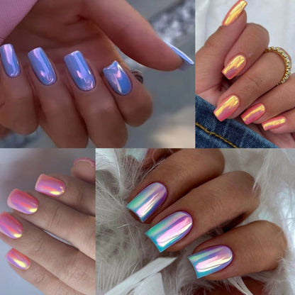 Press On Nails 96-Piece Short Square Set with Pink Chrome Mirror Metallic Full-Cover Finish