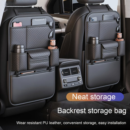 Car Seat Back Organizer – Large Capacity PU Leather Backseat Storage Bag | Multi-Compartment for Tablets, Laptops, Water Bottles | Universal Fit Cars Trucks SUVs