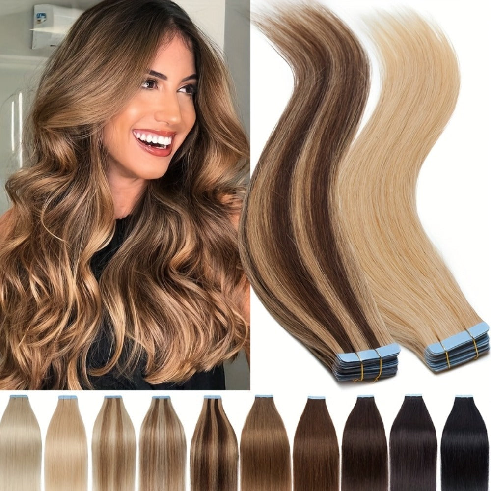 Hair Extensions Straight Brazilian Remy Human Hair Tape-In Set with 10 Pieces, 12–24-Inch Lengths and 11 Colors