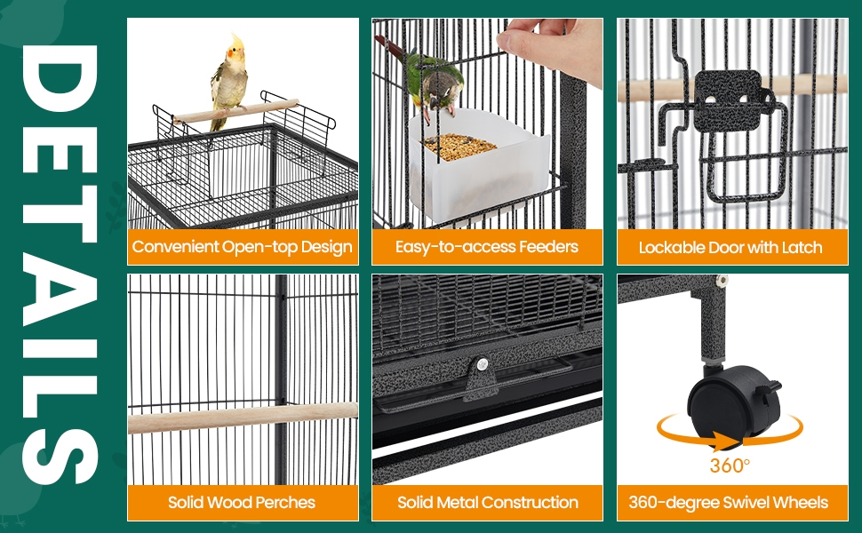 Bird Cage with Rolling Stand Open Top 31 Inch Wrought Iron Black - Slide Out Tray Feeder Doors 2 Feeders 3 Perches for Budgies Parakeets Cockatiels Canaries Finches Small Bird Home Cage