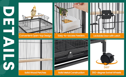 Bird Cage with Rolling Stand Open Top 31 Inch Wrought Iron Black - Slide Out Tray Feeder Doors 2 Feeders 3 Perches for Budgies Parakeets Cockatiels Canaries Finches Small Bird Home Cage