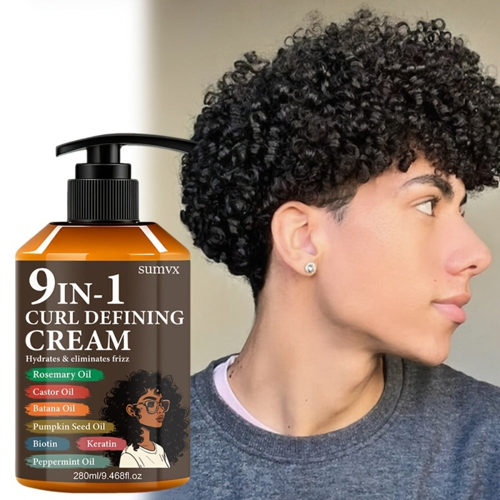 280ml 9-in-1 Curl Defining Cream in Pump Bottle with Pictured Botanical Ingredient Blend for Wavy Hair