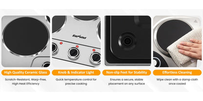 Portable Electric Cooktop Triple Burner 1800W – Royalcraft Countertop Electric Stove with Knob Control, Indicator Light, Compatible with All Cookware, Silver