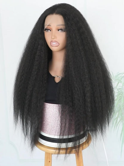 Synthetic Wig 26-Inch Black Kinky-Straight Yaki with HD Lace Front, Glueless Cap and 160°C Fiber