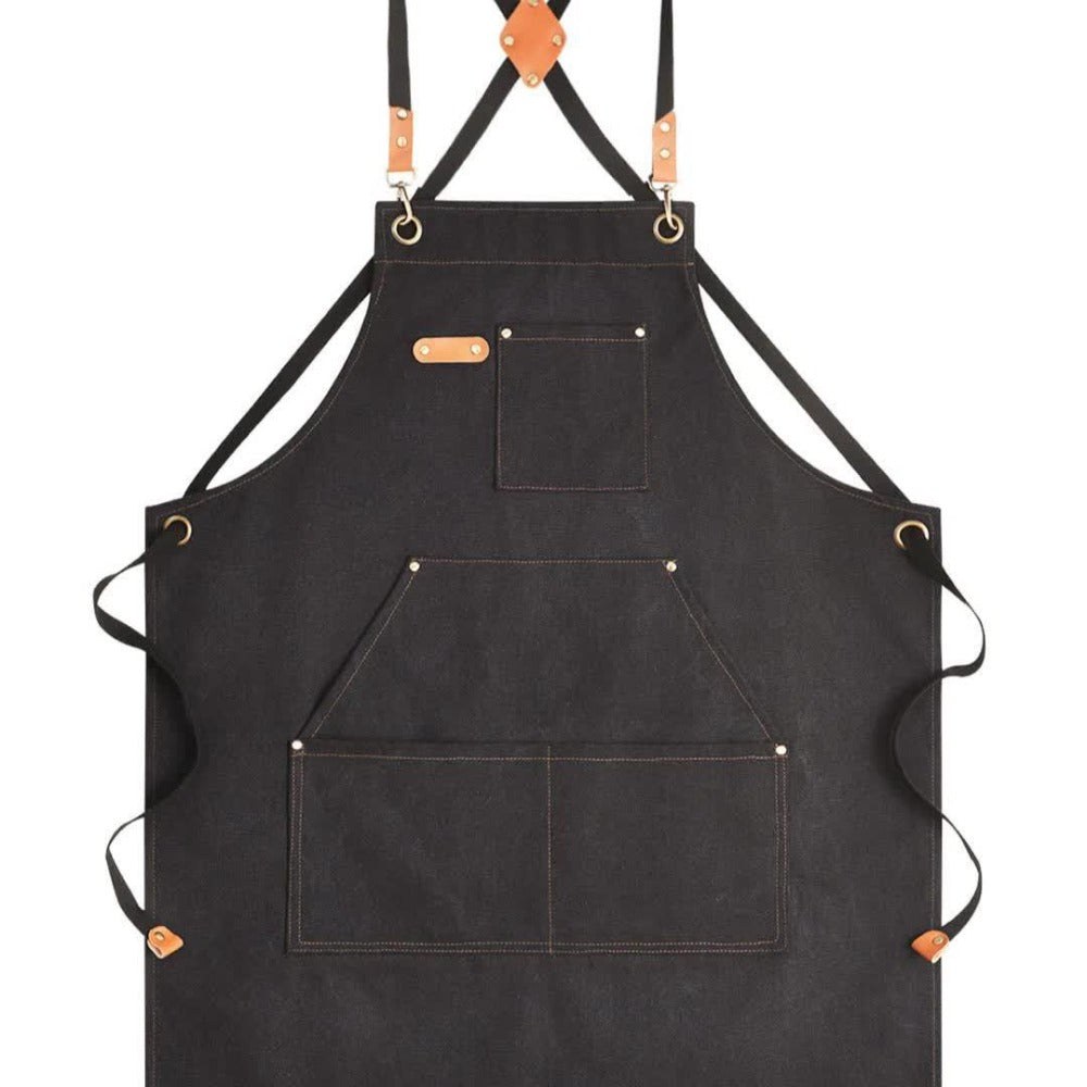 Black Crossback Canvas Work Apron, 27 x 32 Inch Bib with Three Utility Pockets and Long Straps for Kitchen or Workshop