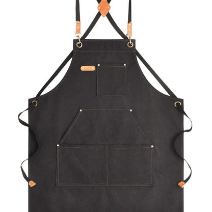 Black Crossback Canvas Work Apron, 27 x 32 Inch Bib with Three Utility Pockets and Long Straps for Kitchen or Workshop