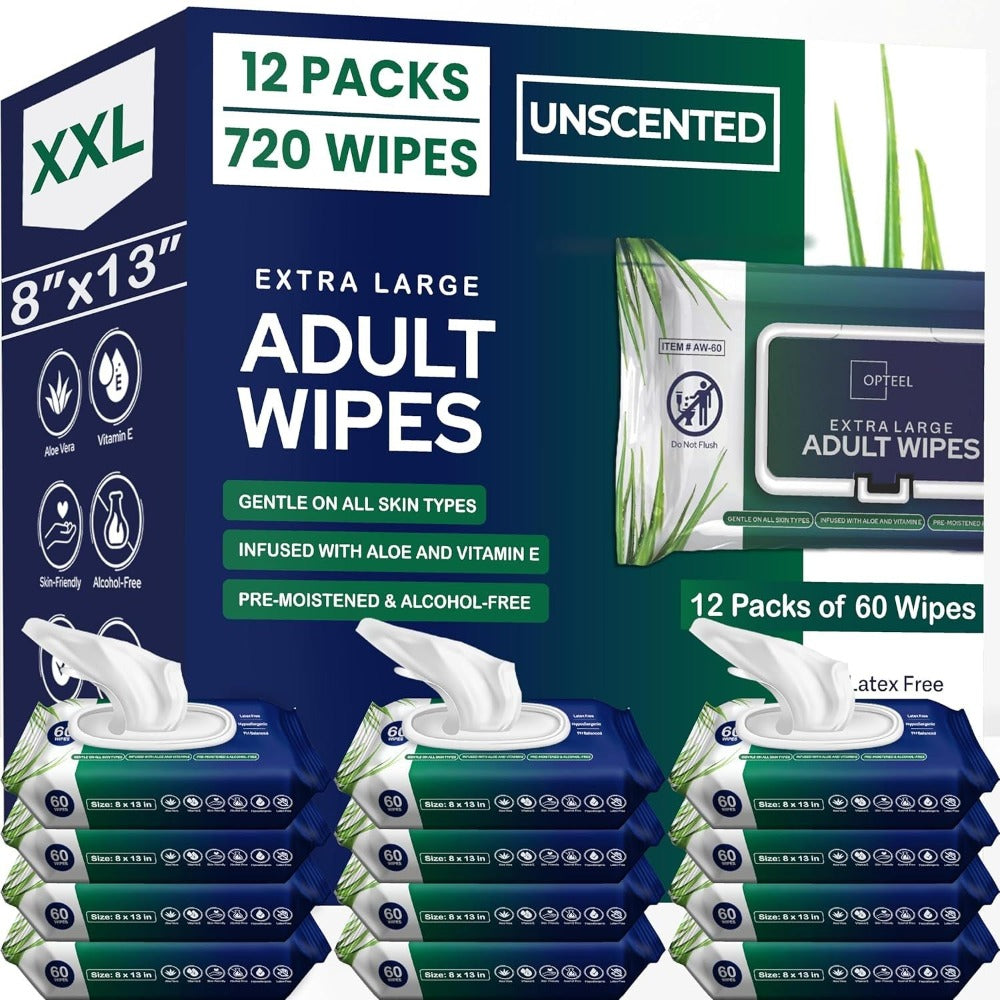 Extra-Large Unscented Adult Wet Wipes in a 720 Count Case for Personal Cleansing at Home, During Travel or Care Routines