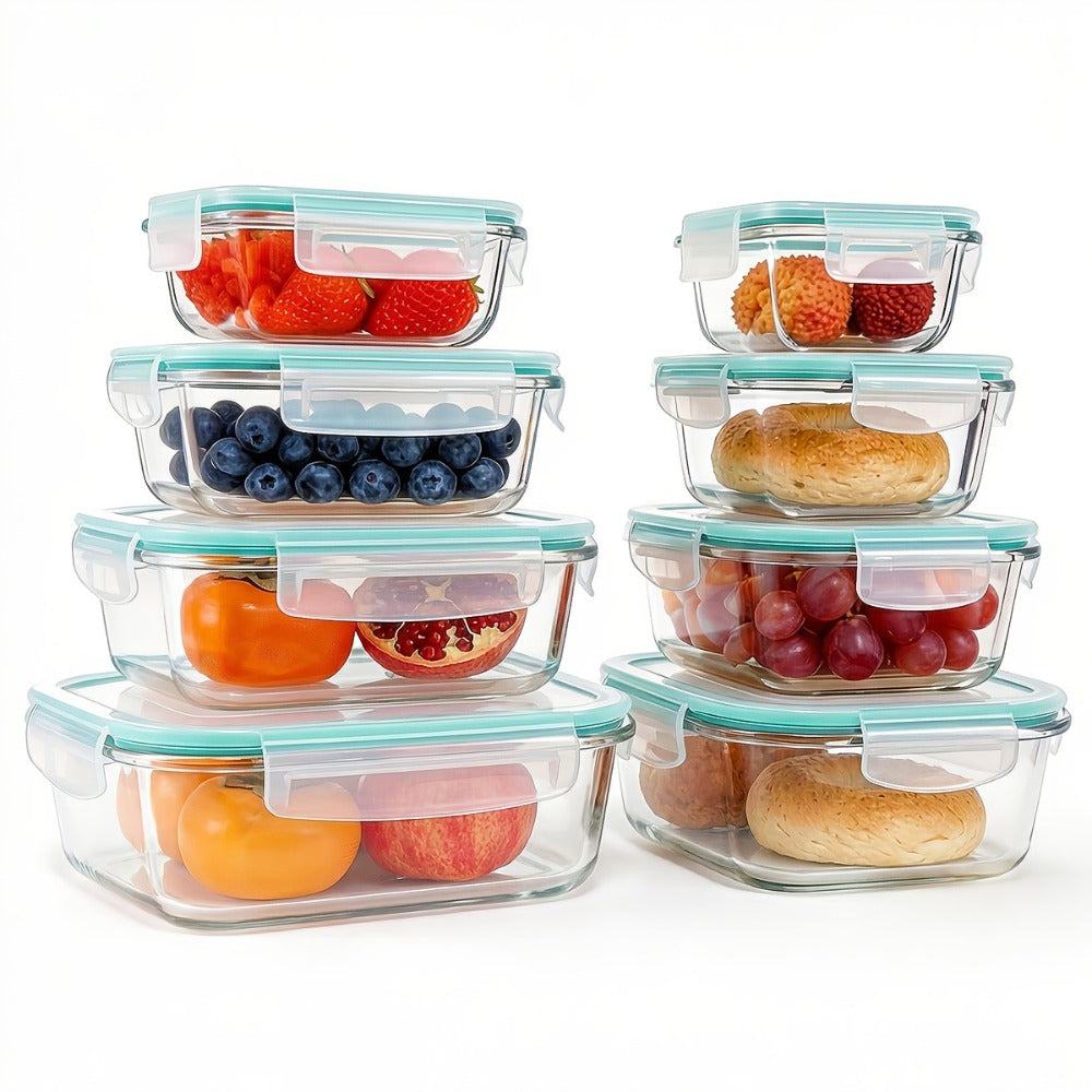 Sixteen-Piece Glass Food Storage Set with Eight Bowls and Eight Lids in Four Color Configurations