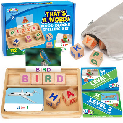 Phonics Word Builder Set with 110 Picture Cards, Ten Letter Blocks and Two-Level Wooden-Look Tray