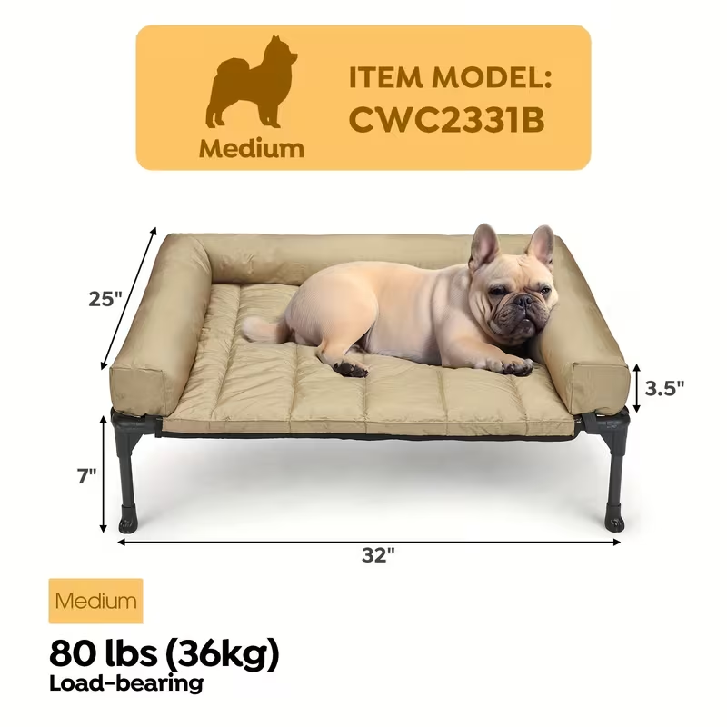 Elevated Dog Bed with Teslin Mesh Cot, Powder-Coated Steel Frame and Removable Bolster Top in Four Sizes