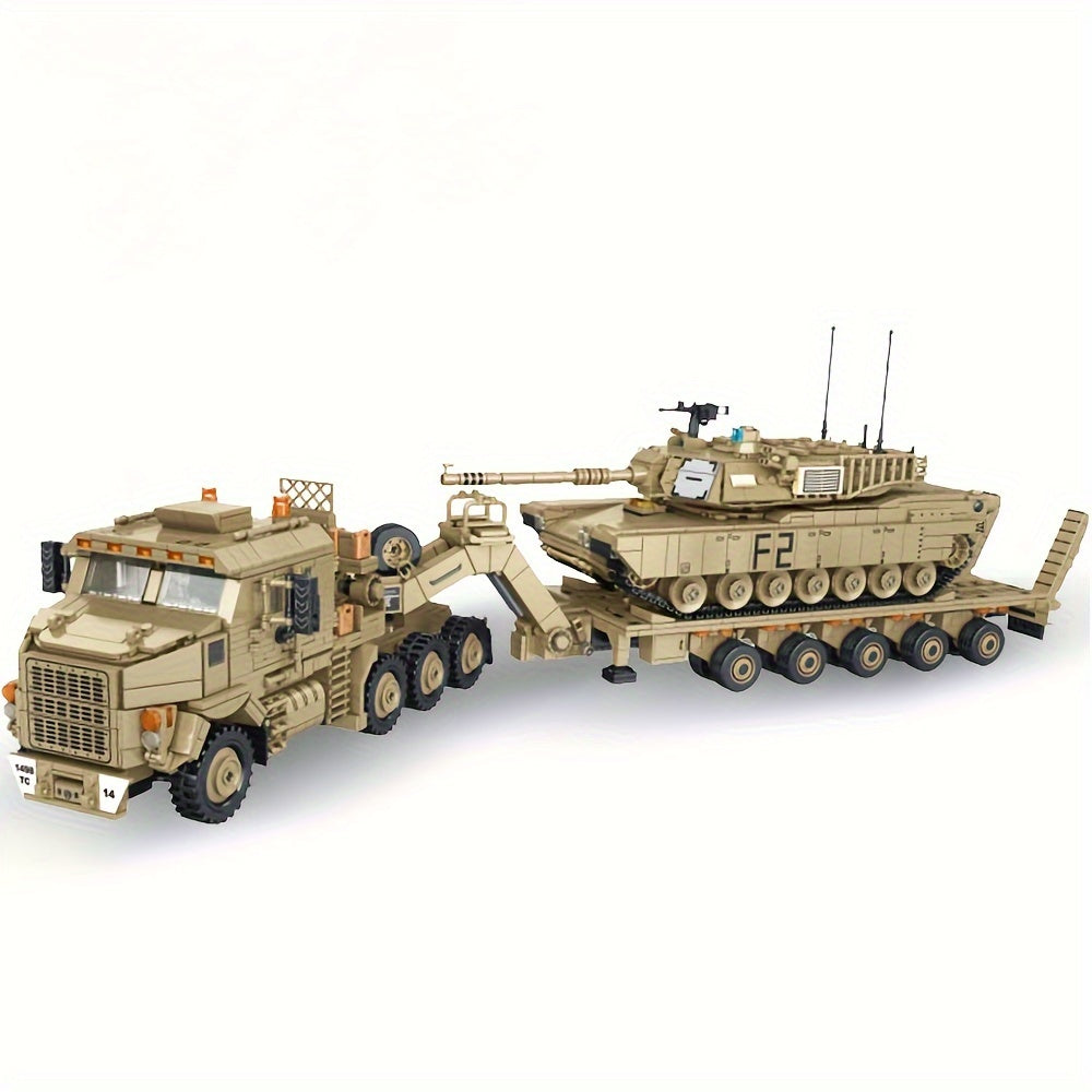 3482-Piece Tank Hauler Building Block Model with Tractor, Long Trailer, Tracked Vehicle and 628015 Code