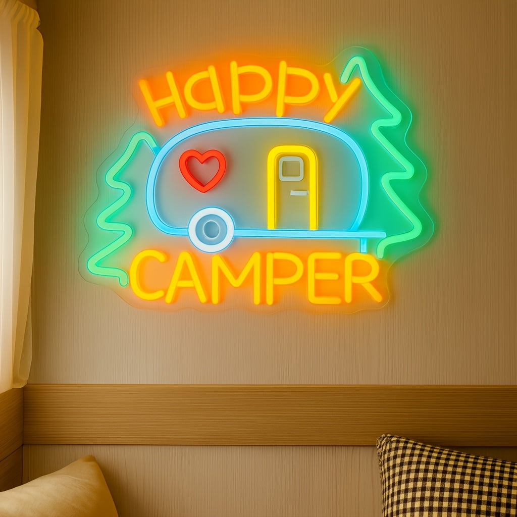 Happy Camper Multicolor LED Neon Sign with RV Motif, 32.5 x 27 cm Panel and Wall-Mount Display