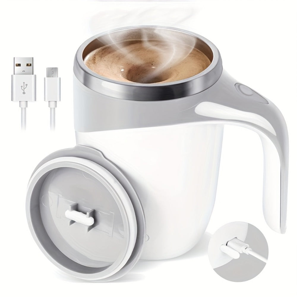 White Self-Stirring Coffee Mug with Magnetic Mixing Piece, Side Button, Lid and 250ml Marking