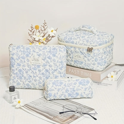 Three-Piece Floral Makeup Bag Set with Carry Handle, Gold-Color Zippers and Four Image-Bound Pattern Options