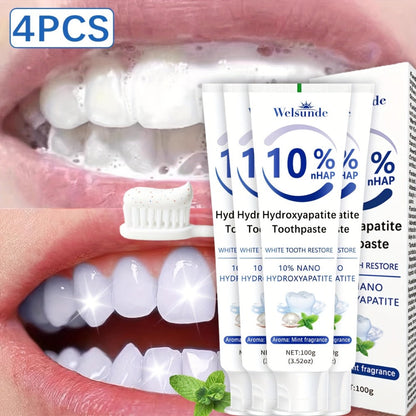 Four-Pack 100g Spearmint Toothpaste Tubes with 10% Hydroxyapatite Label and 400g Total Quantity