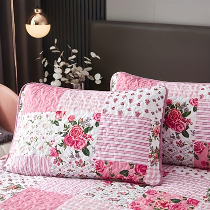 Quilted Bedspread Set 3 Piece Pink Floral Patchwork Comforter Set with 2 Pillowcases, Machine Washable All Season Bed Cover, Soft Breathable Bedroom Bedding Set Twin Full Queen King