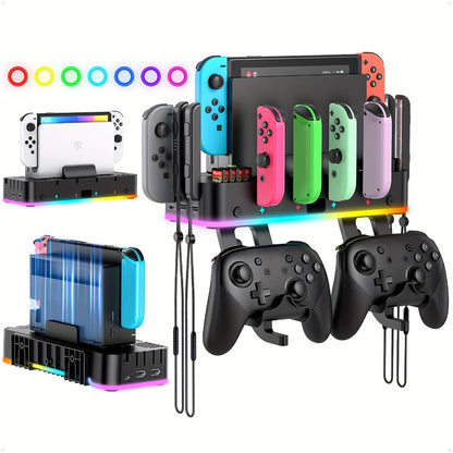 RGB Wall-Mount Organizer Compatible with Switch and OLED, Four Controller Bays, Ten Card Slots and Dual USB Ports
