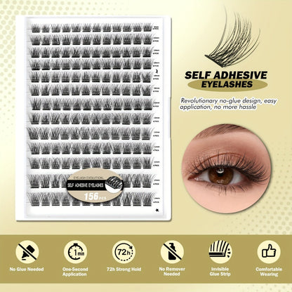 156Pcs No-Glue Lash Clusters Kit — Self-Adhesive Pre-Glued DIY Eyelashes with 2 Tweezers, Reusable Natural Look Cluster Lashes, No Remover No Residue False Eyelash Extension Kit for Women Beginners
