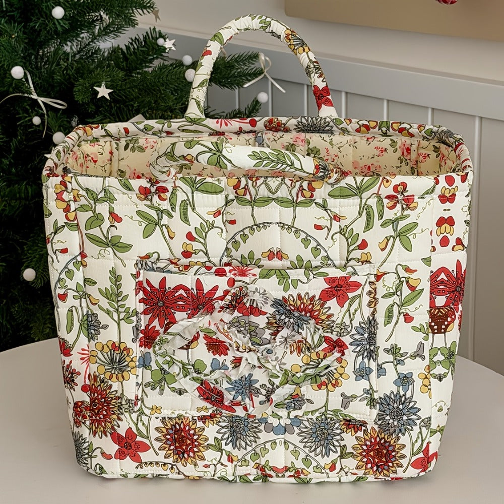 Quilted Floral Carry Storage Basket, Approximately 32 x 26 x 25cm with Two Padded Handles and Seven Patterns