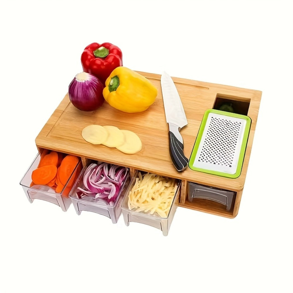 Cutting Board Bamboo Prep Station with Pull-Out Containers, Five Grater Inserts and Juice Channel