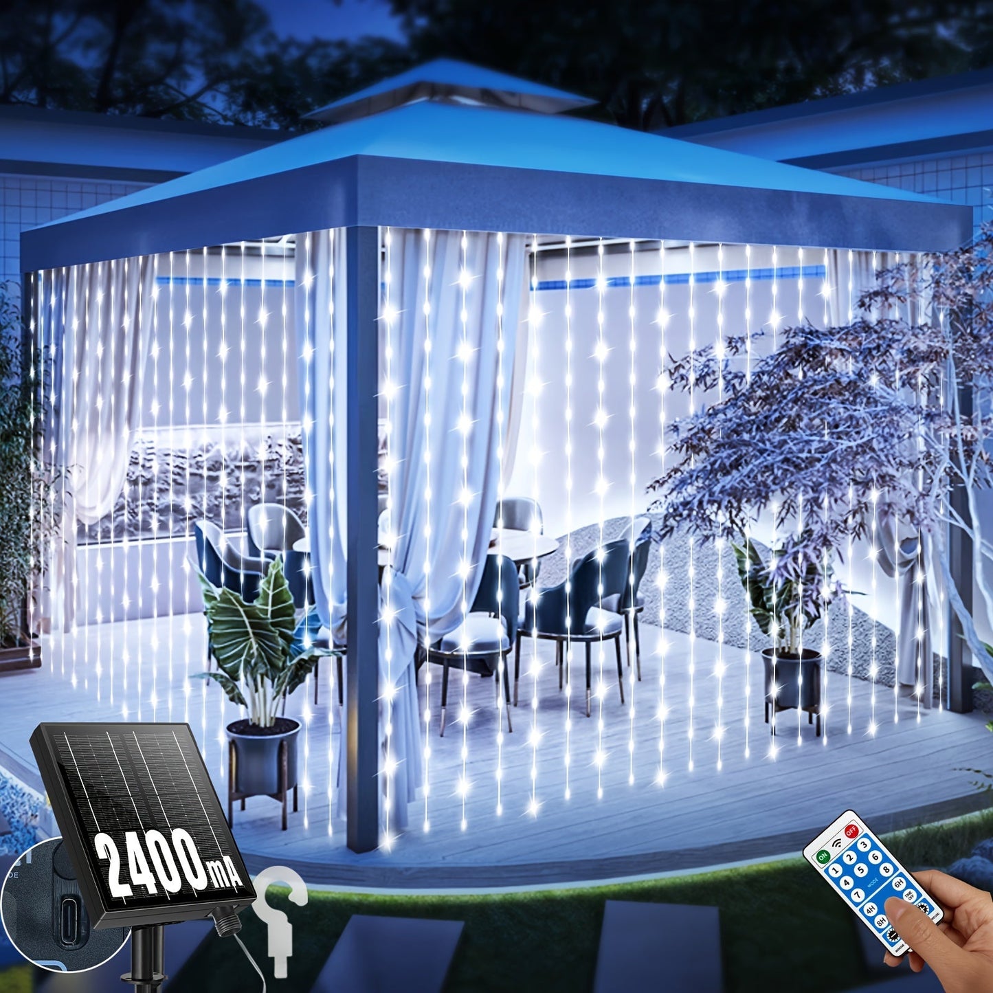 Solar Curtain String Lights, 3 x 3 Meters with 300 LEDs, Remote Control and One- or Two-Pack Options