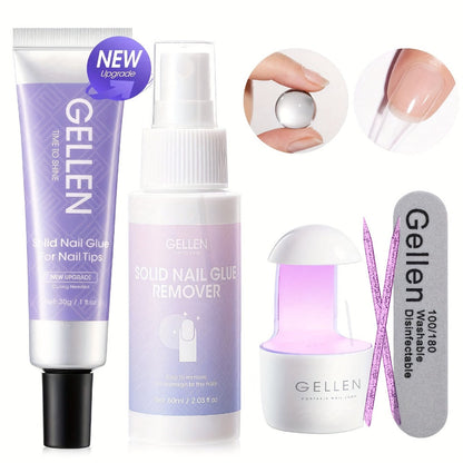 30 g Press-On Nail Glue Gel Kit with UV Lamp, 60 ml Remover and Buffer for Nail Tips and Rhinestones