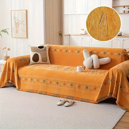 Bohemian Embroidery Chenille Sofa Cover 300GSM - Machine Washable Knit Weave Slipcover for 2 3 4 Seater Sectional Sofa No Padding, 5 Colors