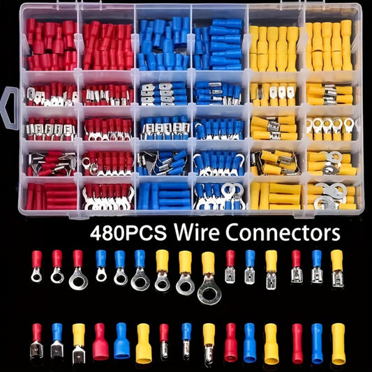 480PCS Wire Terminals Kit – Insulated Crimp Connectors Set with Butt, Ring, Spade & Fork Terminals for Automotive, Marine & Electrical Wiring Projects