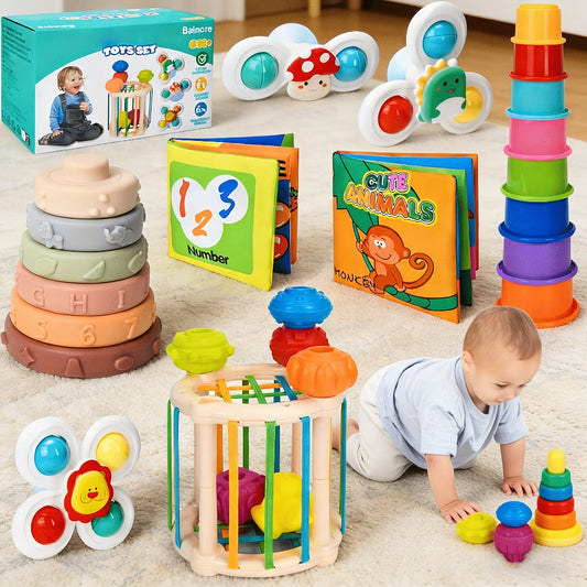 Sensory Stacking Toy Set 3-in-1 for Toddlers & Babies – Hand-Eye Coordination & Fine Motor Skills Activity Kit with Soft Cloth Book, Spinning Top & Stacking Cups, Birthday Easter Baby Shower Gift