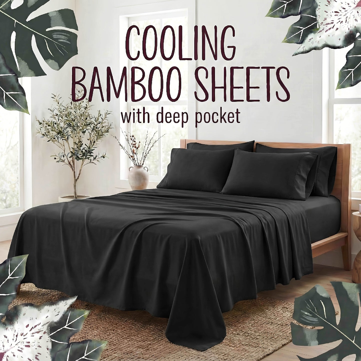 Bed Sheet Set 4-Piece Bamboo Fiber with Deep-Pocket Fitted Sheet, Four Sizes and Twelve Color Options