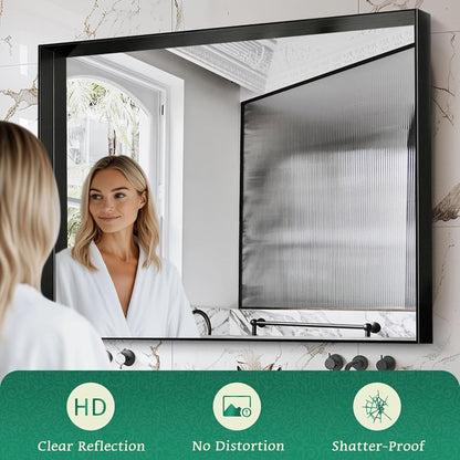 Bathroom Vanity Mirror Wall Mounted Metal Frame Rectangle – Anti-Rust Farmhouse Mirror in Matte Black, Gold & Silver, Multiple Sizes, Horizontal or Vertical Hang