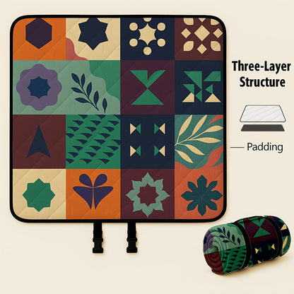 Large Padded Picnic Blanket with Carry Straps in Geometric, Palm-Village or Tropical Leaf Prints