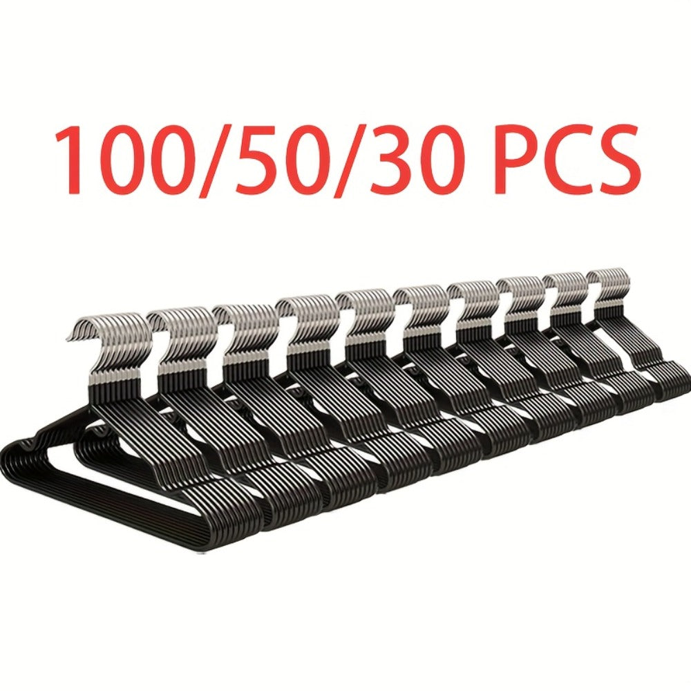 High-Manganese-Steel Clothes Hangers in 30, 50 or 100-Piece Black Packs with Coated Shoulder and Lower Bars