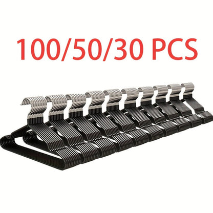 High-Manganese-Steel Clothes Hangers in 30, 50 or 100-Piece Black Packs with Coated Shoulder and Lower Bars