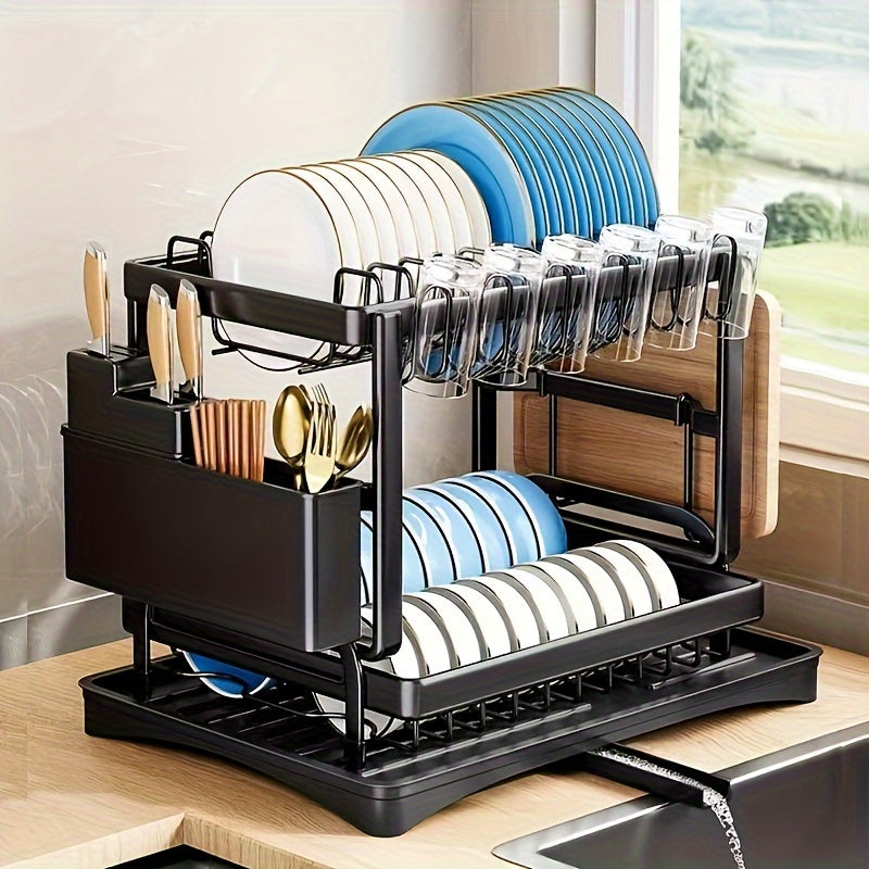 Two-Tier Dish Drying Rack with Rotating Drain Tray, Cup Holders and Black or White Frame Options