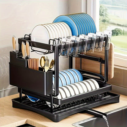 Two-Tier Dish Drying Rack with Rotating Drain Tray, Cup Holders and Black or White Frame Options