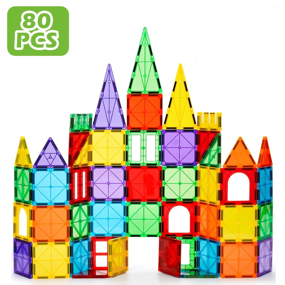 Magnetic Tiles Building Sets in 80, 106 or 136-Piece Options with Multicolor Translucent Shapes and Vehicle Bases