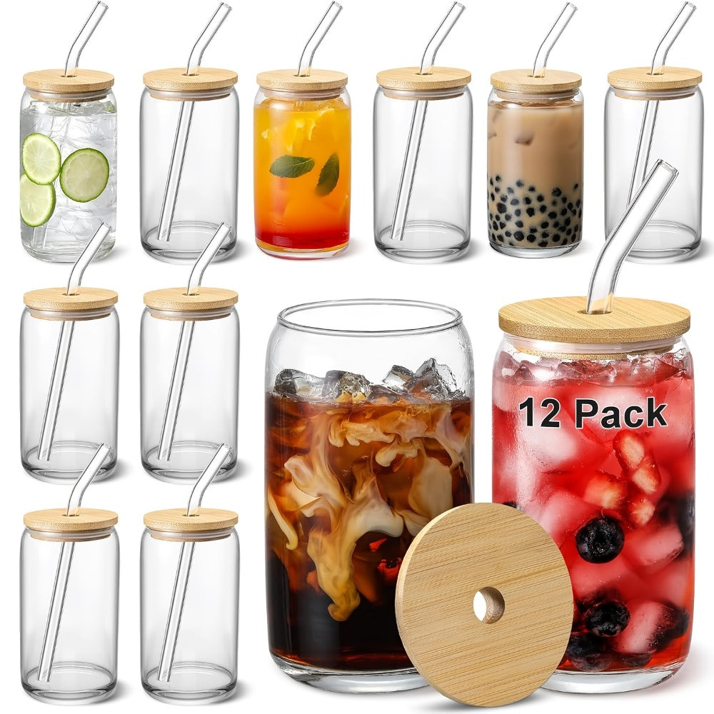 Glass Coffee Mug with Bamboo Lid & Straw | Iced Coffee Glass Cup Set, Mason Jar Mug, Reusable Drinking Glasses, Holiday Gift