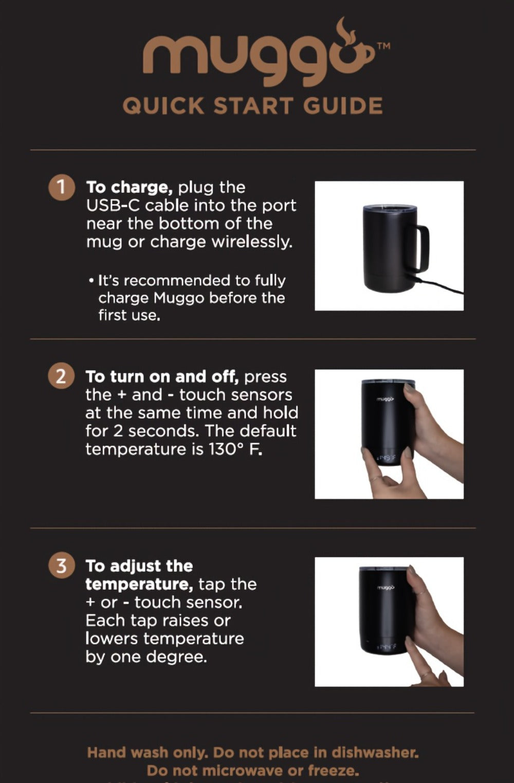 Black Powered Coffee Mug with Handle, Clear Lid, Bottom Display and USB-C Charging, 12-Ounce Label
