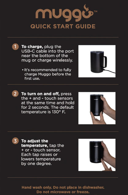 Black Powered Coffee Mug with Handle, Clear Lid, Bottom Display and USB-C Charging, 12-Ounce Label