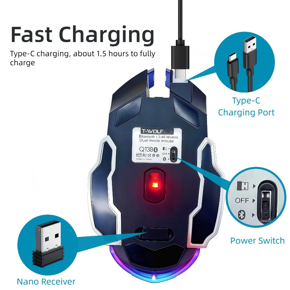 Wireless Gaming Mouse RGB Rechargeable T-WOLF 2.4GHz Ergonomic Large Mouse for PC Laptop Tablet Mac Chromebook Adjustable DPI Quiet Click Work Gaming Study Back to School Gift