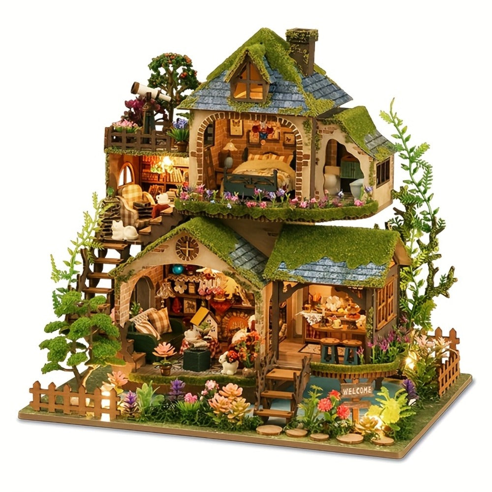 Wooden Forest Hut Miniature Model Kit with Multi-Level Cabin Scene, Lighting Details and Forest Adventures Label